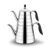 Korkmaz A219 Viva Turkish Stovetop Teapot Set, 18/10 Stainless Steel with Double Teapot and Black Silicone Handles, Samovar Style Tea Kettle